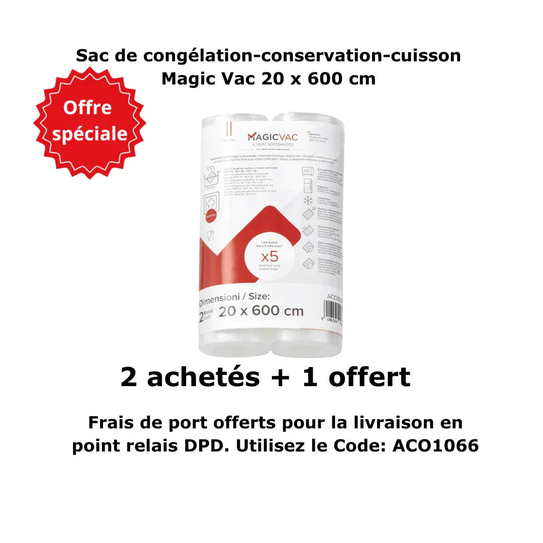 OFFRE SPÉCIALE: 3 packs de 2 rouleaux Sous Vide - épaisseur 240 microns - 20x600 cm - ACO 1066 - MAGIC VAC - Augoust