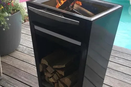 Vue du brasero plancha avec espace stockage pour buches de bois