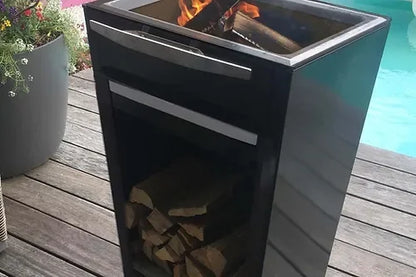 Vue du brasero plancha avec espace stockage pour buches de bois